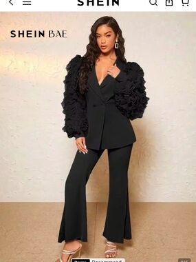 Black Double-Breasted Blazer with Ruffle Sleeve Detail 8/10